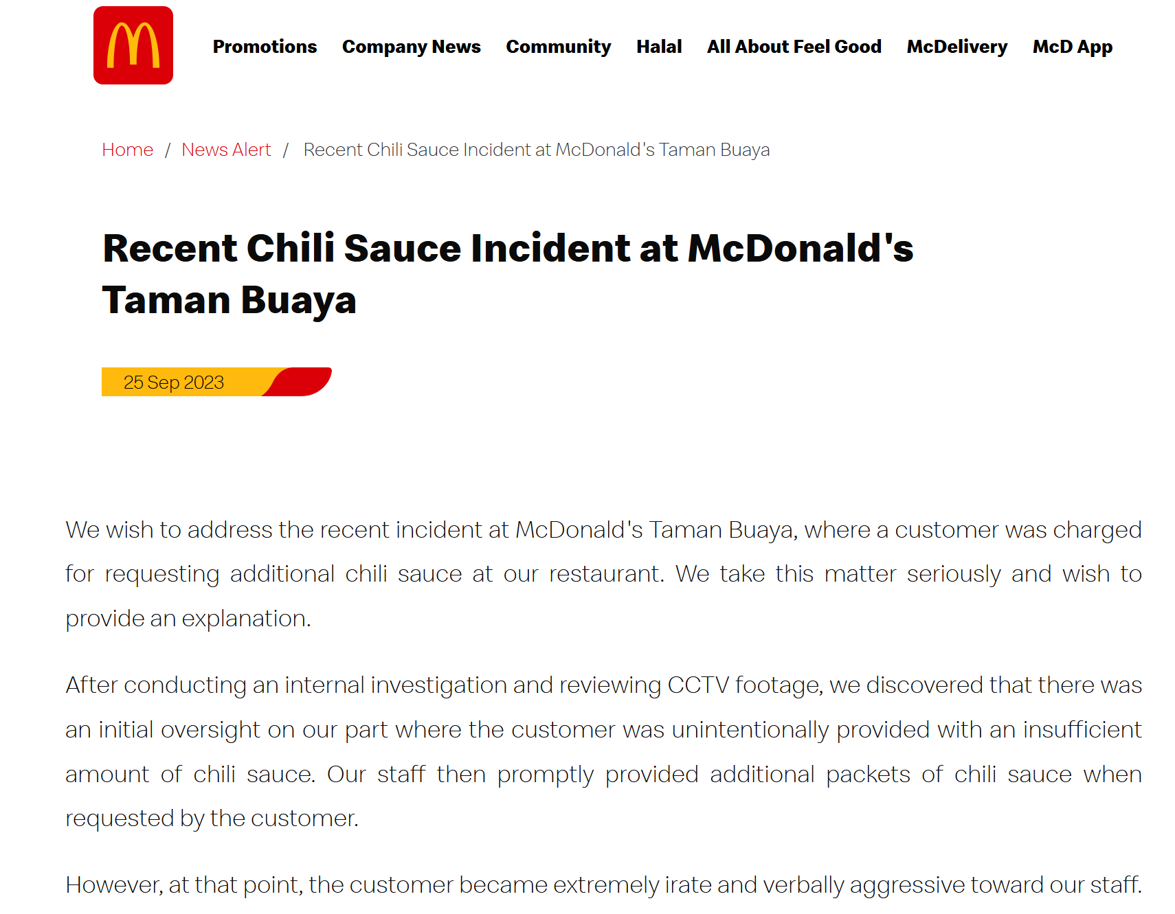 McDonald’s Malaysia lapor polis isu pelanggan dakwa dikenakan bayaran sos cili paket